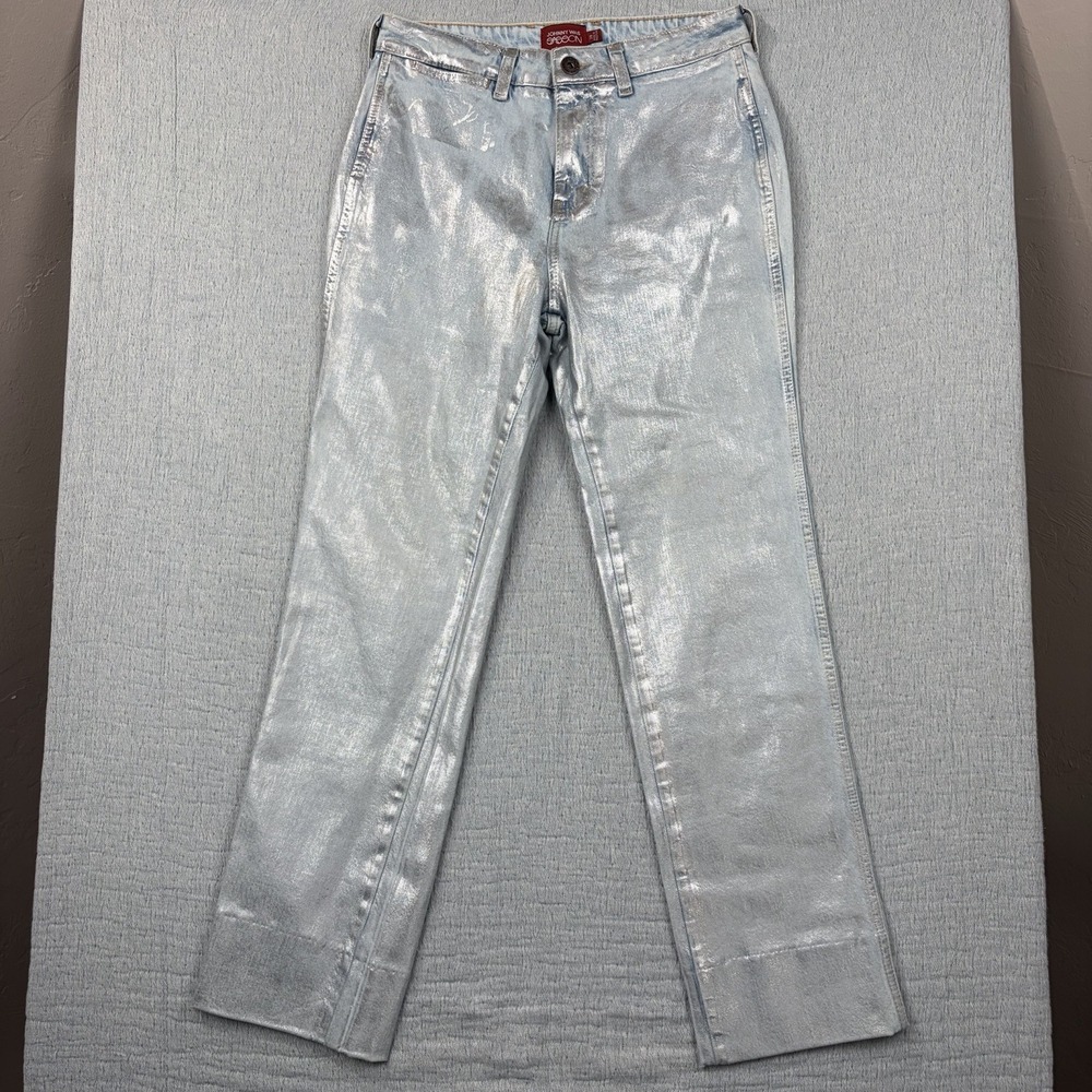 Johnny Was X Sasson Silver Metallic Waxed Jeans Straight Regular Fit Y2K 28X29.5